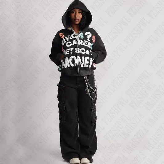 Retro "Who Cares Get Some Money" 3D Letter Print Graphic Streetwear Zipper Hoodie Sweatshirt