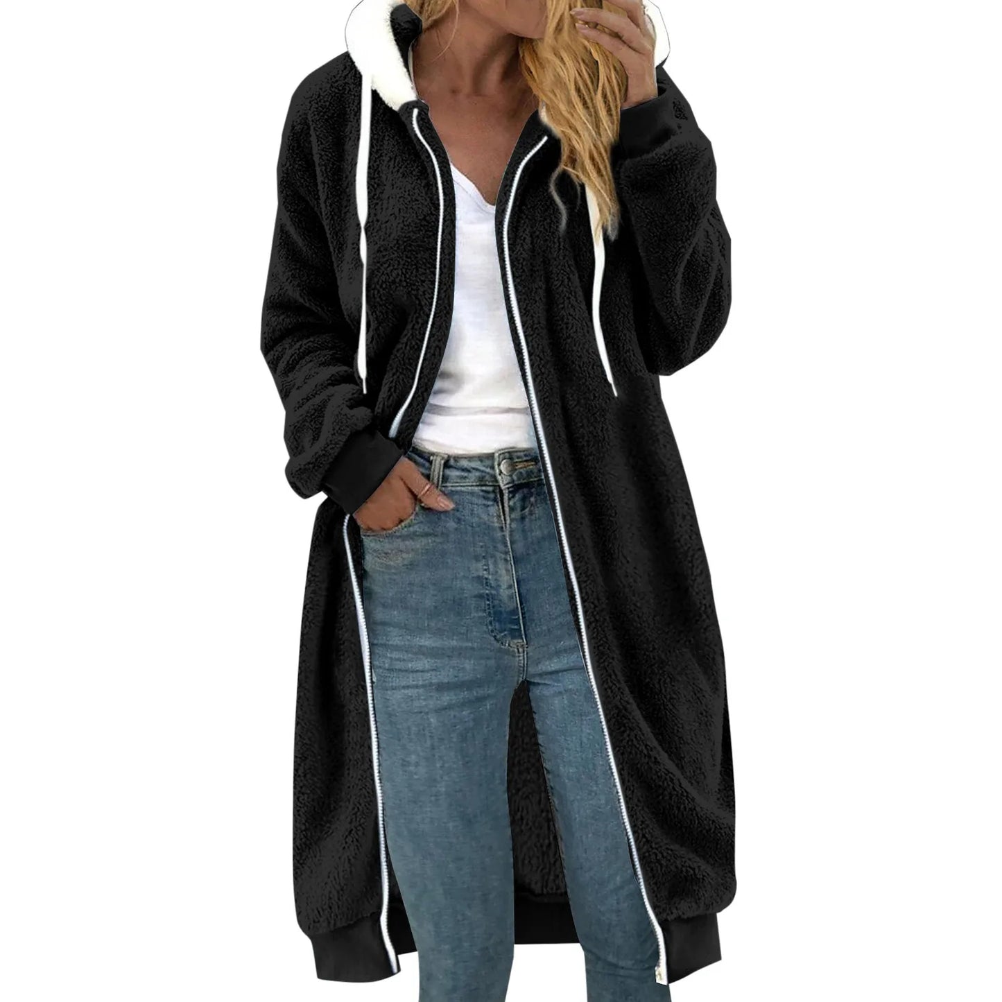 Colorblock Fleece Plush Women's Zipper Maxi Trench Hoodie Sweatshirt Shacket