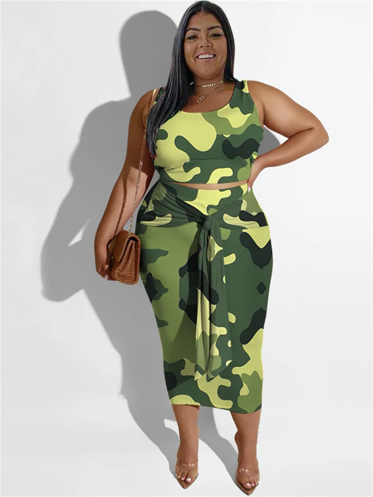 Floral/Tropical/Camoflauge Print Crop Tank Top + Bandage Maxi Skirt  2-Piece Set to 4X