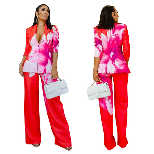 Colorblock Big Flower Print Long Sleeve Blazer Jacket + Fuschia Pants Women's Suit