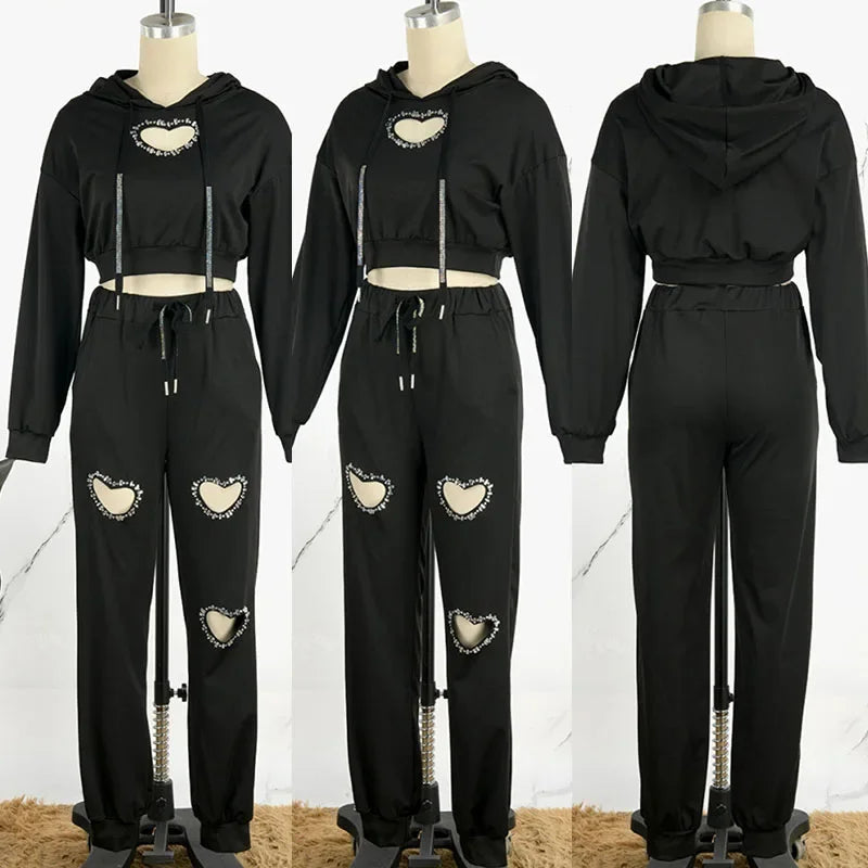 Rhinestone Heart Cut-Out Long Sleeve Women's Hoodie Tracksuit