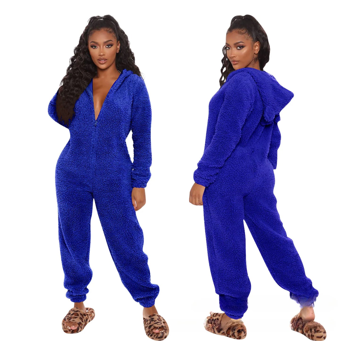 Solid Long-Sleeve Zipper Sleepwear Hooded Ladies Onesie