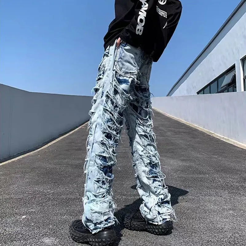 Men's Denim Ripped Fringe Grunge Y2K Streetwear Stacked  Hip-Hop Skinny Jeans