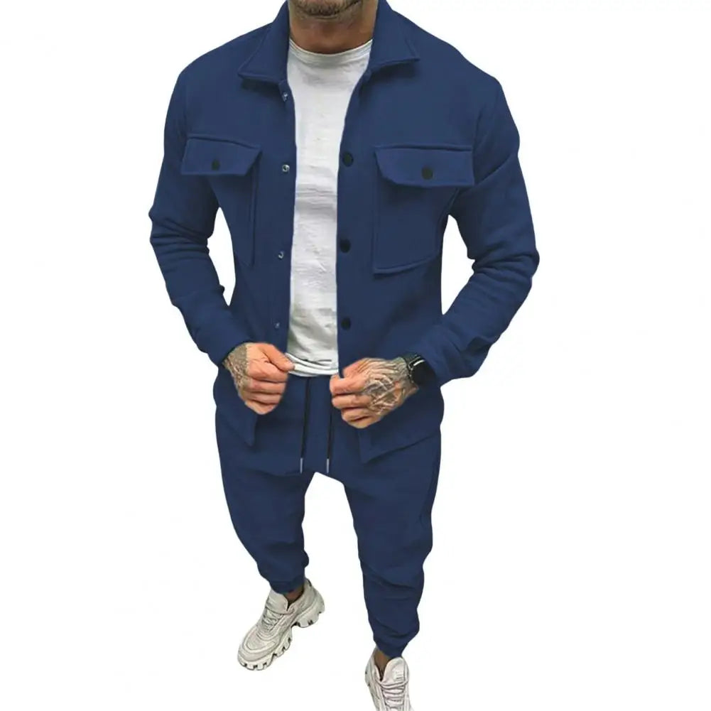 Men's Turn-Down Collar Cargo Utility Pocket Button Front Jacket + Sweatpants Activewear 2-Piece Set