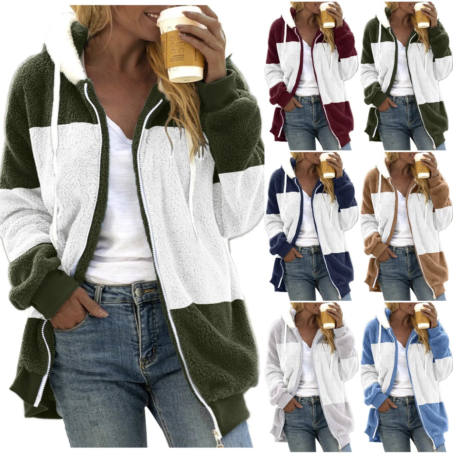 Women's Colorblock Plush Zipper Hoodie Sweatshirt Jacket