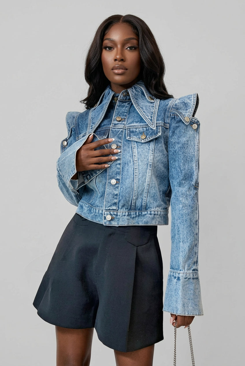 Vintage Denim Faded Washed Hollow-Out Shoulder Long Sleeve Turn-Down Collar Women's Jean Jacket