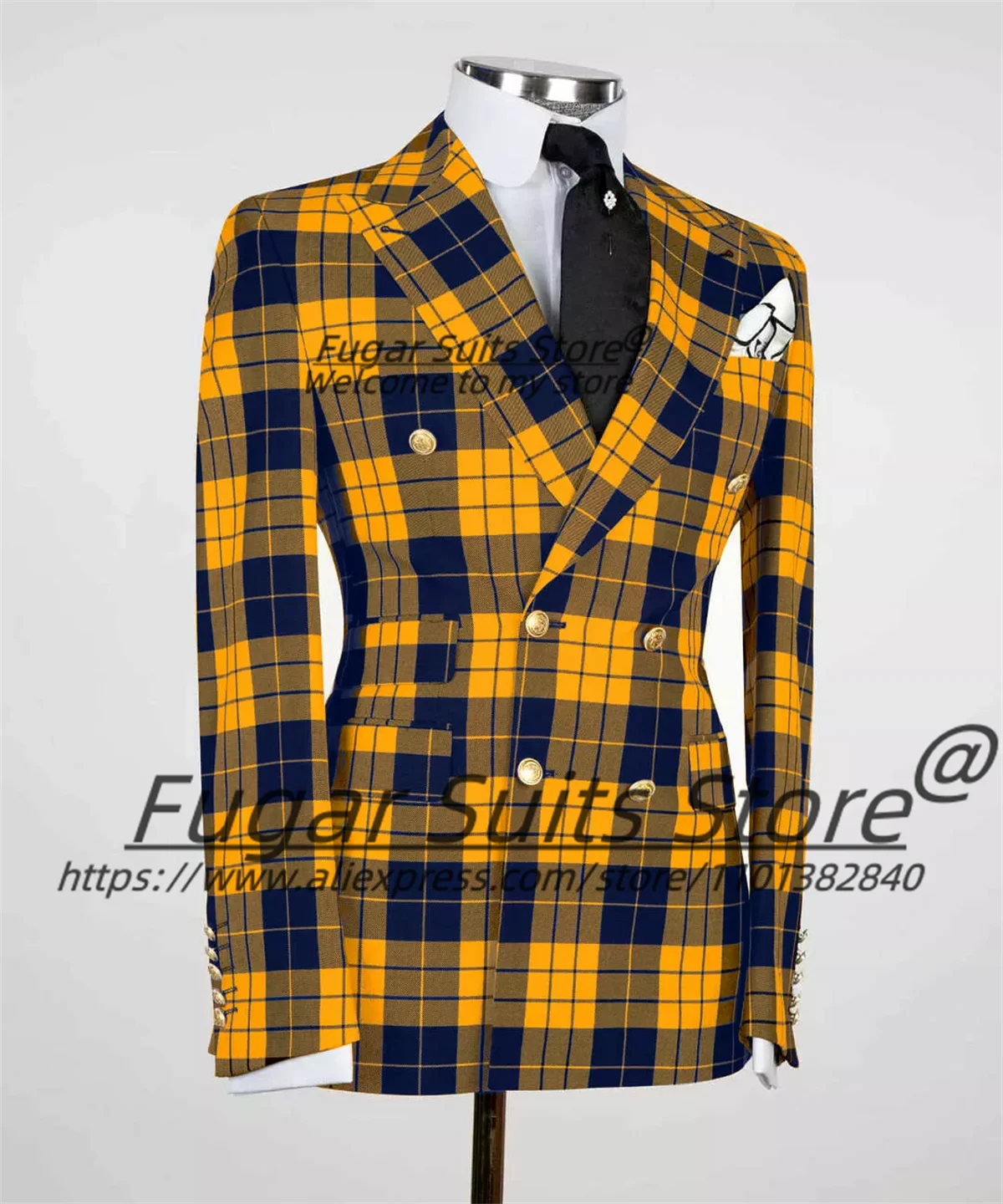 Men's British Plaid Gold Button Detail Double Breasted Tuxedo Blazer Jacket + Pants Formal Prom/Party/Wedding Suit