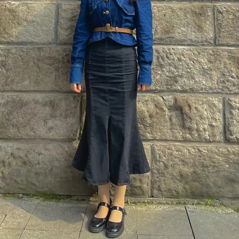 Blue/Black Denim High Slit Hip-Wrap Flared Jean Mermaid Trumpet Skirt