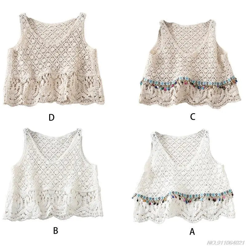 Crochet Multi-Colored Square Flower Design Knitted Square Neck Women's Sleeveless Cropped Tank Top