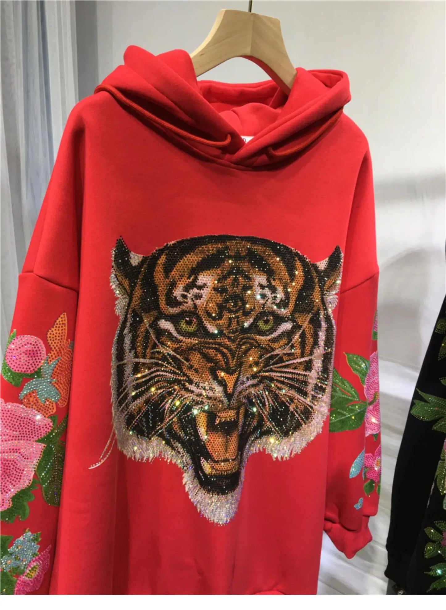 Sparkling 3D Rhinestone Fleece Padded Women's Leopard Tiger Hoodie Sweatshirt