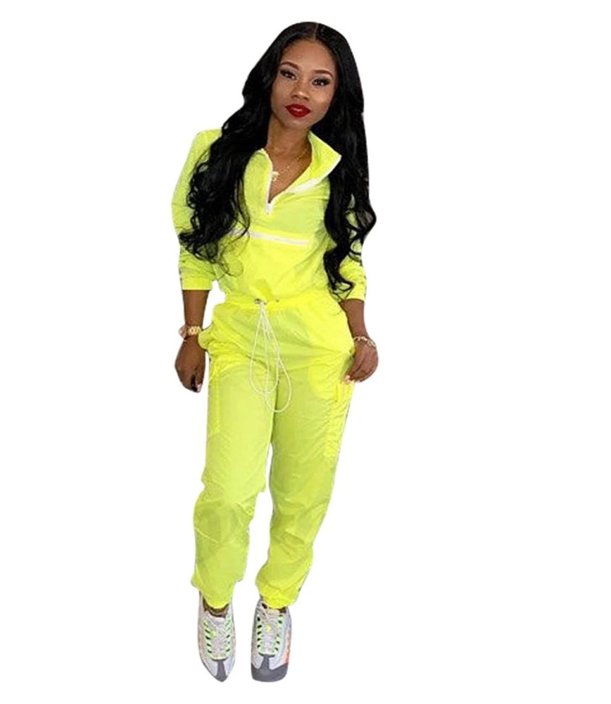 Neon Turn Down Collar Women's Long Sleeve Zipper Jacket + Drawstring Sweatpants 2-Piece Set Tracksuit