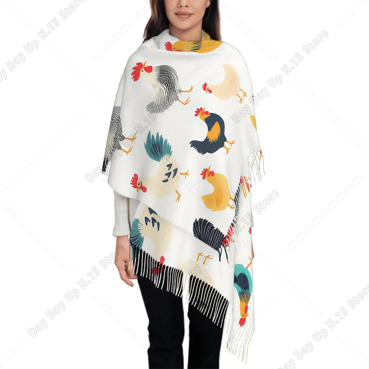 Oversized Heart Breast Cancer Awareness Pink Ribbon Print Tassel Fringe Shawl Scarf