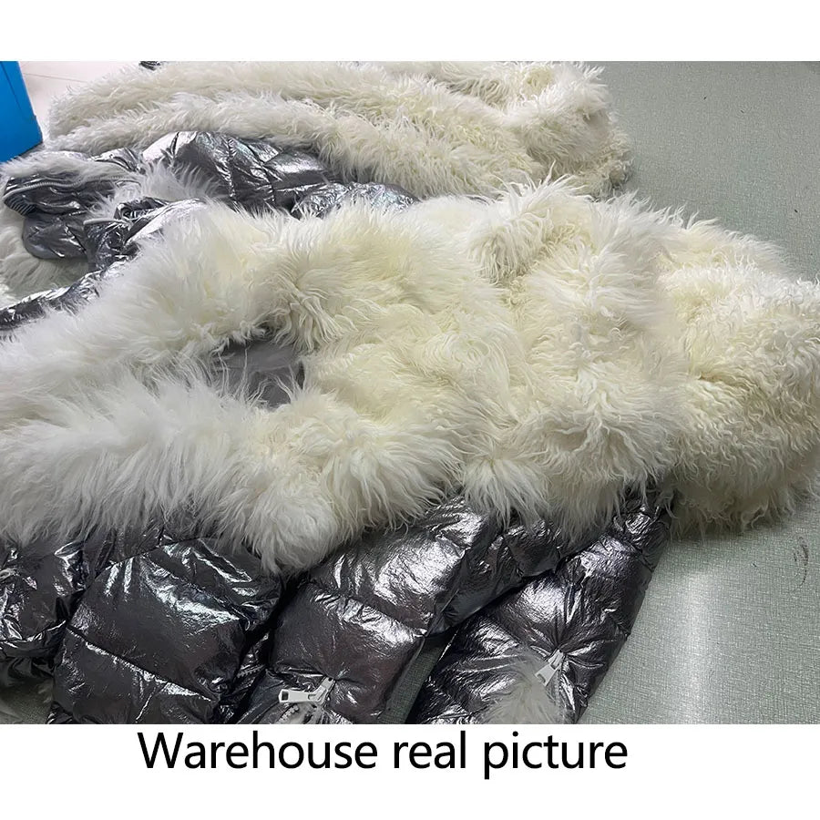 Faux Fur Collar Metallic White Duck Down Puffer Coat