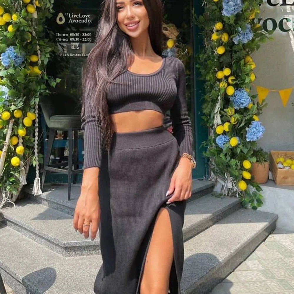 Knitted Y2K Solid Long Sleeve Pullover V-Neck Crop Sweater + High Slit Maxi Skirt 2-Piece Set