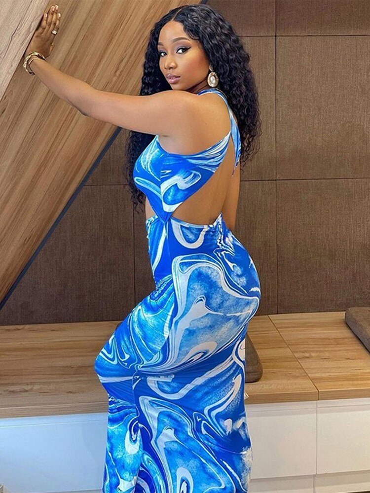 Tie-Dye Blue/White Hollow Bodycon Maxi Sleeveless O-Neck Backelss Dress