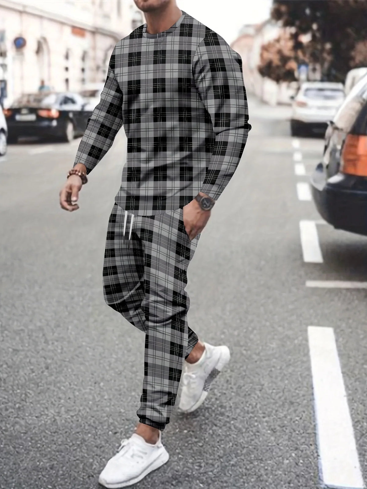 Men's Hip-Hop Rainbow/Gradient/Colorblock/Plaid Checker Print Long Sleeve T-Shirt + Pants Sportswear 2-Piece Set