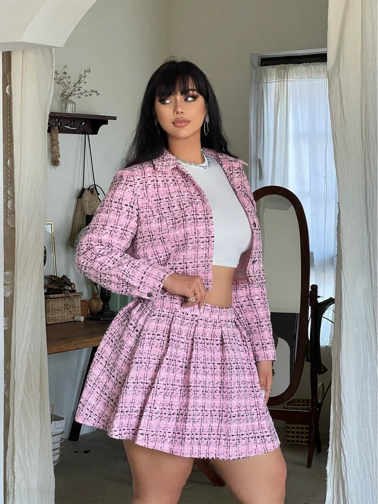 Plus-Size Women's Tweed Two-Piece Set: Cropped Blazer and Mini Skirt—Perfect for Casual Outfits, Dates, and Parties