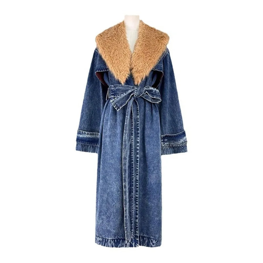 Women Denim Trench Coat Long Jacket Windbreaker Detachable Fur Collar Lace Up Outerwear Washed High Street Autumn Winter 2025