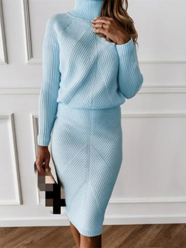 Women's Knitted Turtleneck Solid Pullover Sweater + Matching Skinny Fit Skirt 2-Piece Set