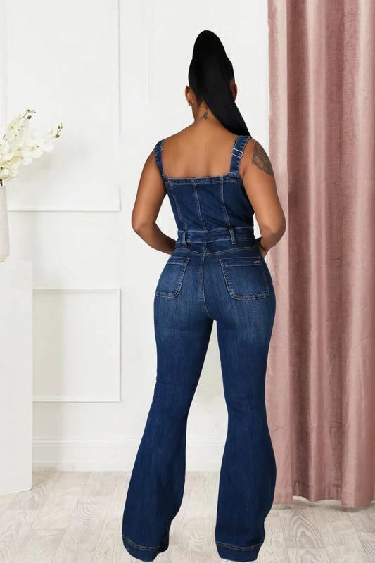 Denim Dark Blue Sleeveless Women's Spaghetti Strap Bodycon Bootcut Jean Jumpsuit