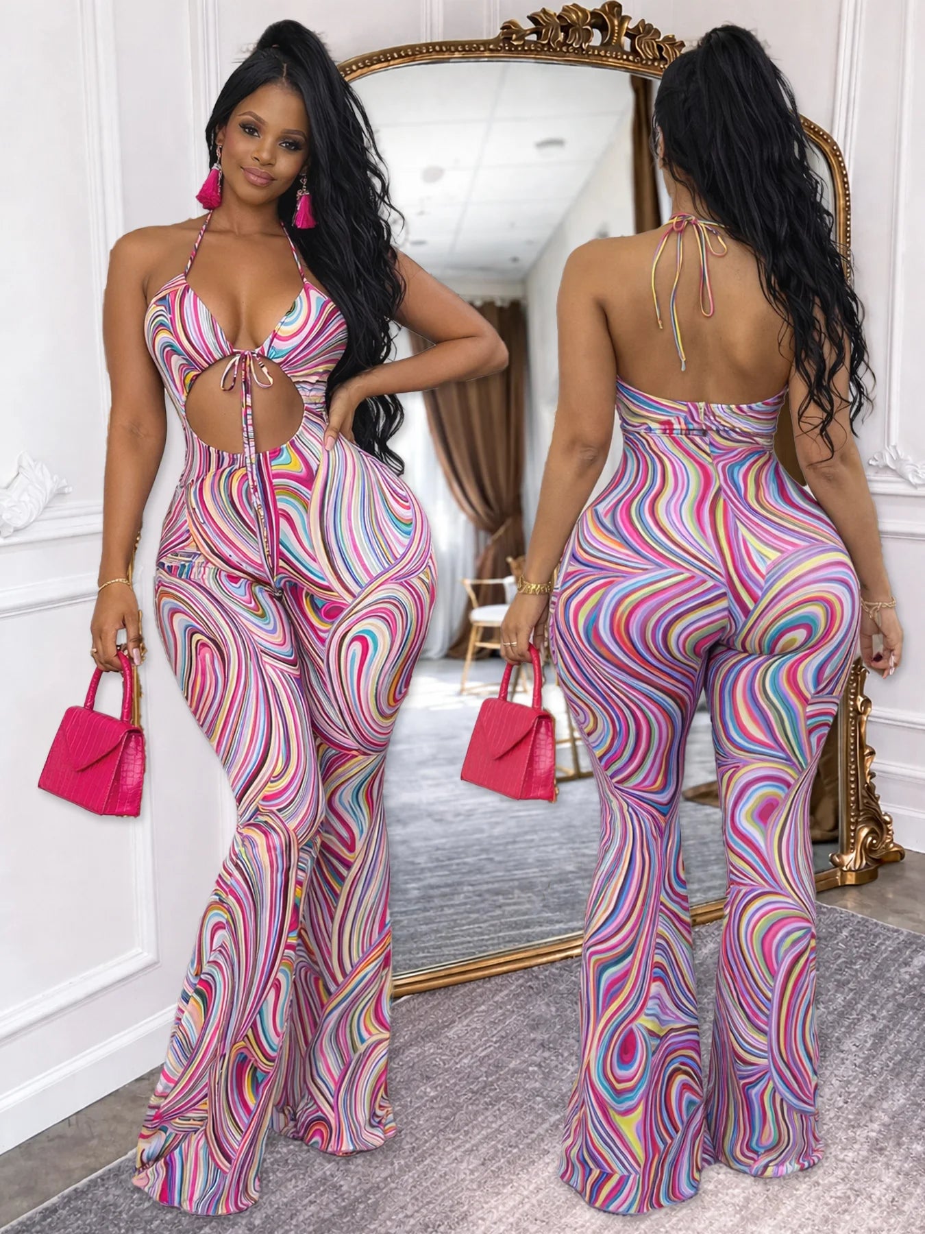 Tie-Dye Colorblock Swirl Pattern Halter Bikini Top Sleeveless Lace-Up Hollow-Out Women's Flared Leg Jumpsuit