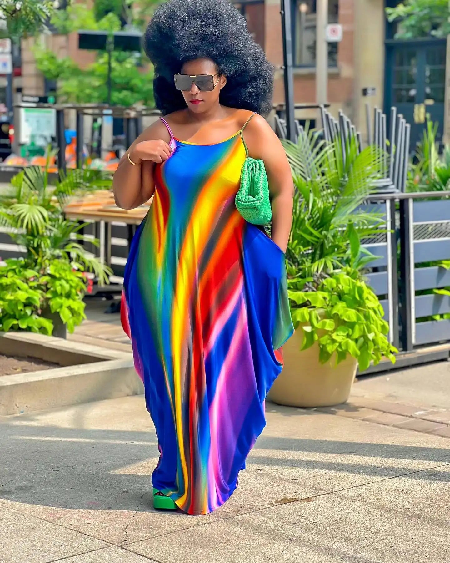 Rainbow Striped Colorblock Ruched Ruffled Sleeveless Print Harem Maxi Dress to 5X Plus Size