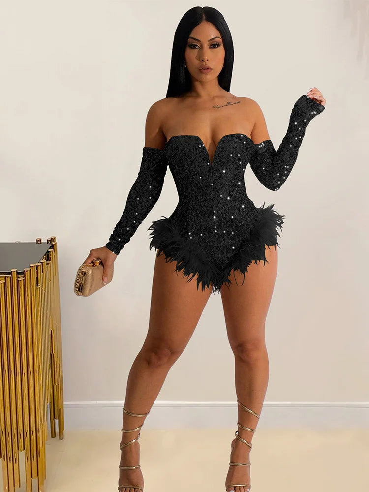 Feather Sequined Hem Off Shoulder Long Sleeve Skinny Bodysuit