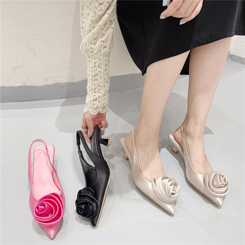 Flower Pointed Toe Slingback Low Heel Mules