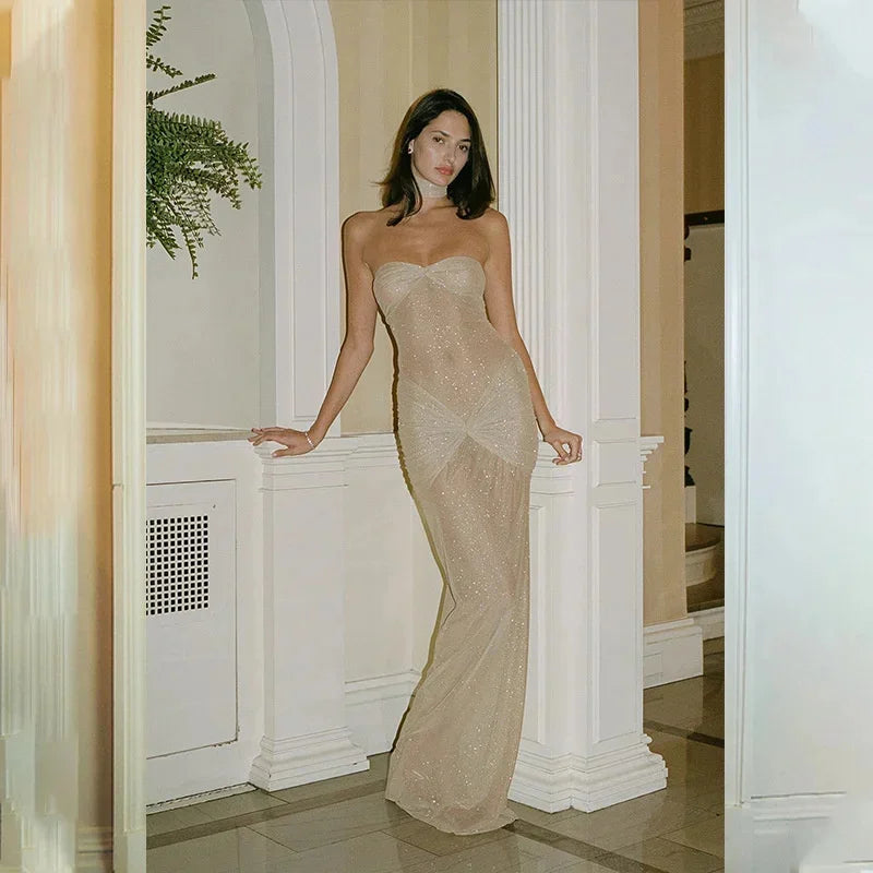 Sequin Criss-Cross Ruched Waist Sheer Transparent Strapless Skinny Tube Maxi Dress
