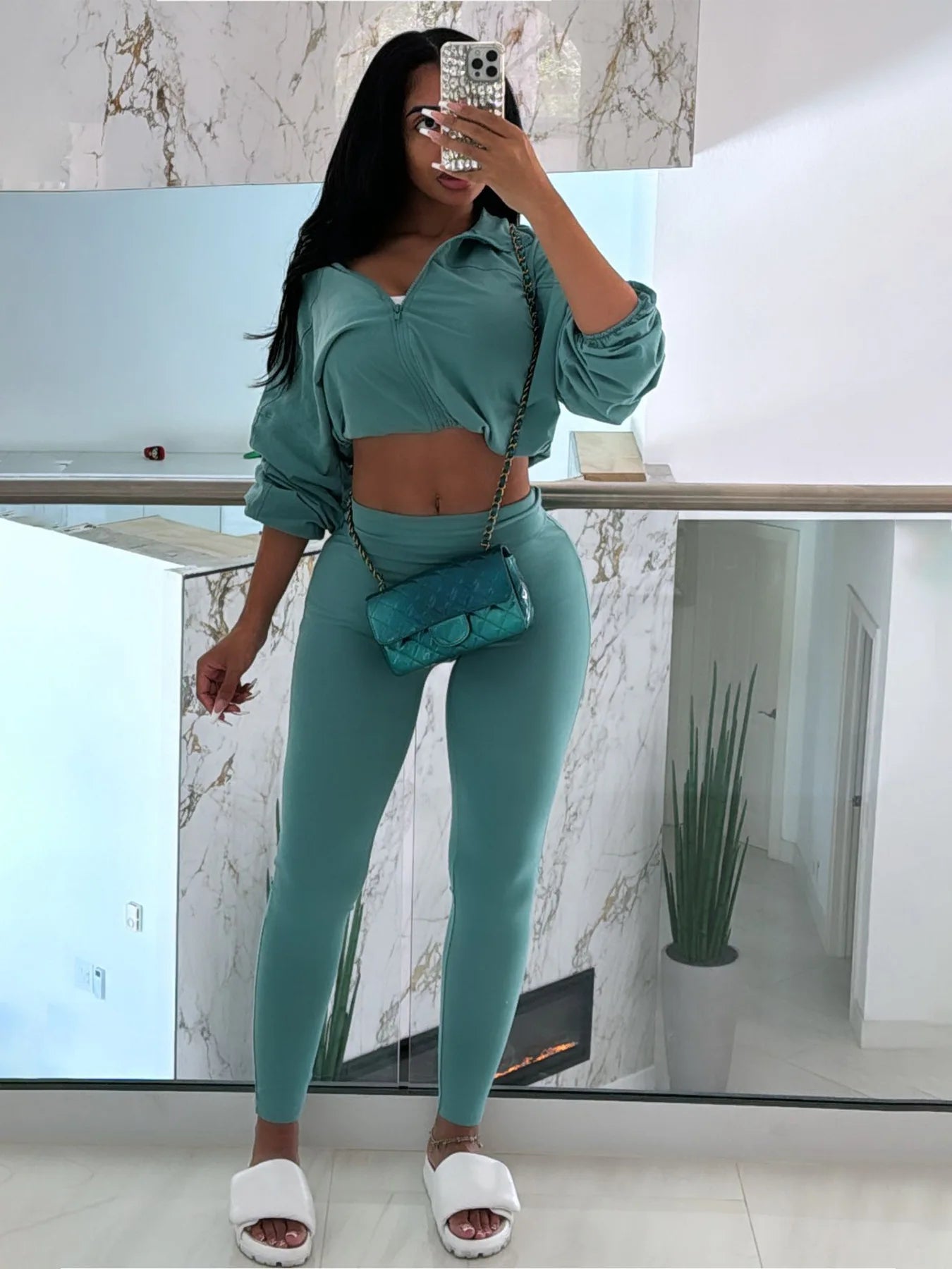 Pullover Women's Long Sleeve Drawstring Zipper Cropped Sweatshirt + Elastic Waist Leggings Tracksuit