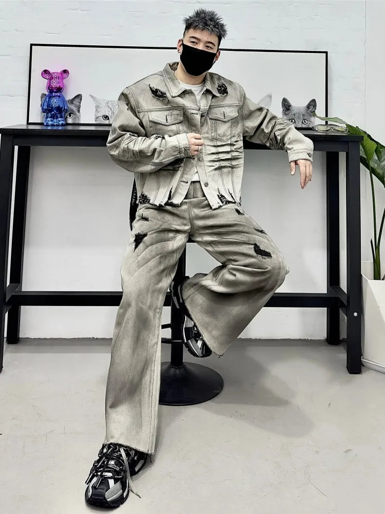 Men's Ripped Grey Gradient Washed Denim Cargo Pocketed Jean Jacket + Loose Wide Leg Jeans Matching Set