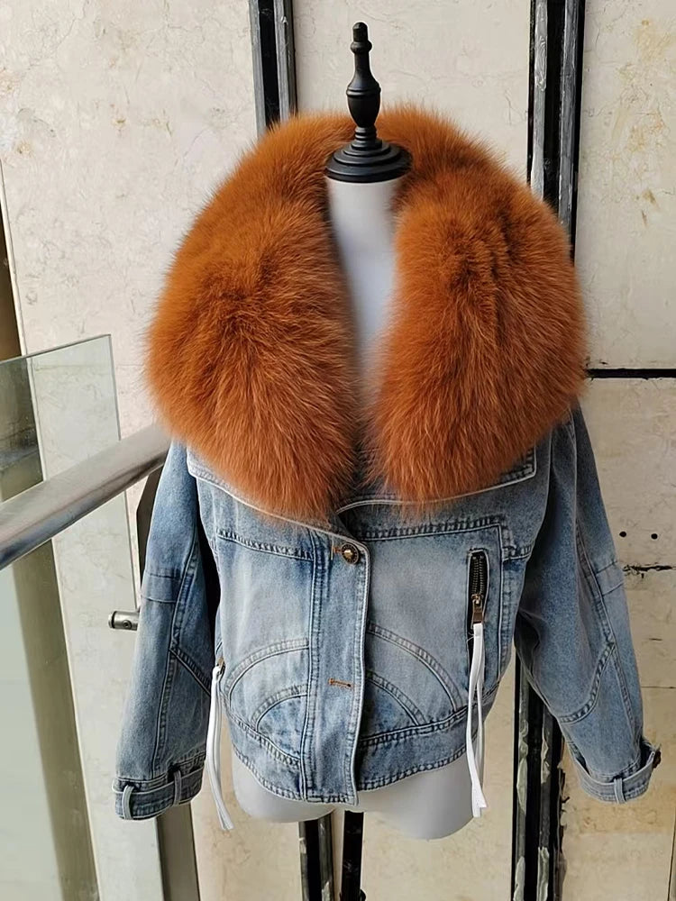 Denim Oversized 100% Real Fox Fur Collar Short Women's Goose Down Puffer Jean Jacket