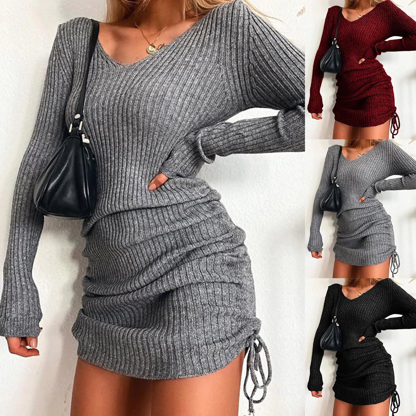 Ribbed Lace-Up Solid Color V-Neck Long Sleeve Skinny Hip Mini Sweater Dress