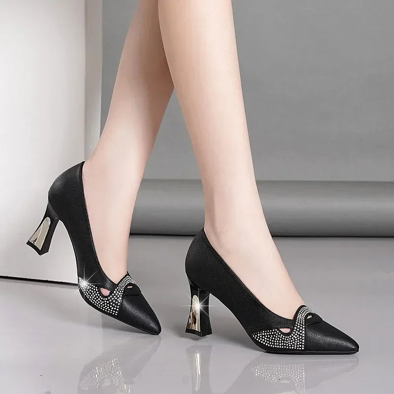 Rhinestone Glitter Classic Pointed Toe Slip-On Office Heel Pumps