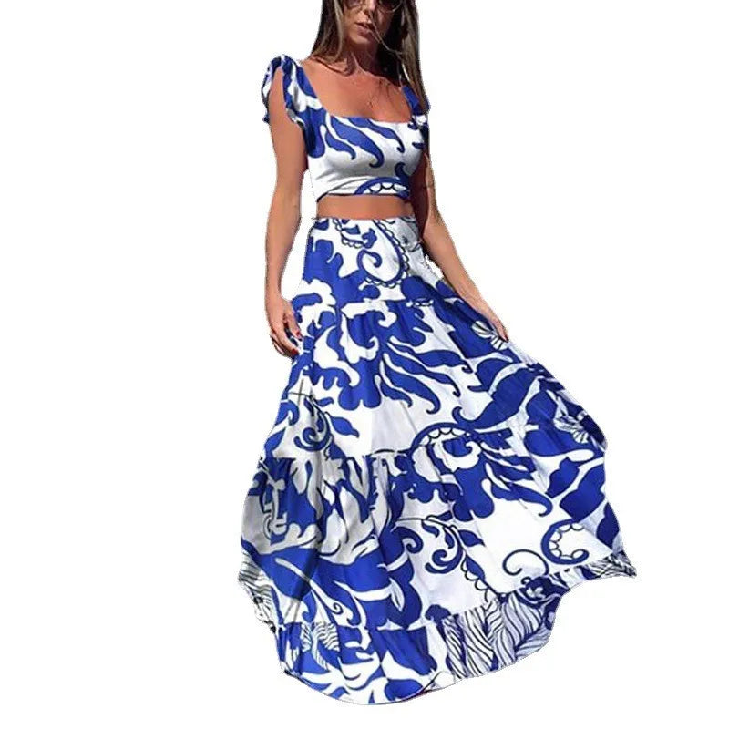 Bohemian Flower Sleeveless Loose A-line Ruffled Square Collar Crop Top + Maxi Skirt 2-Piece Set