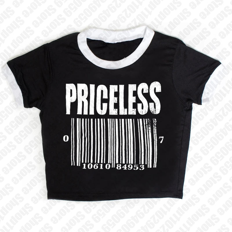 Vintage Black 3D Barcode "Priceless"Letter Print Short Sleeve Women's T-Shirt/Crop Top