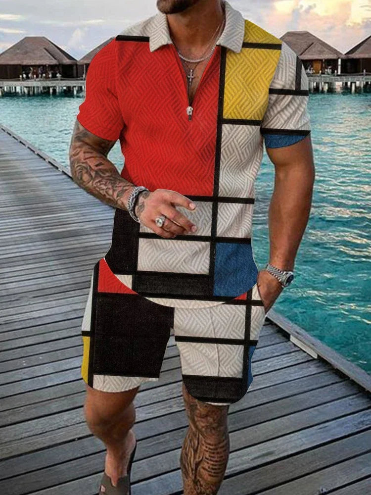 Colorblock/Geometric Men's Polo Shirt + Matching Shorts 2-Piece Set