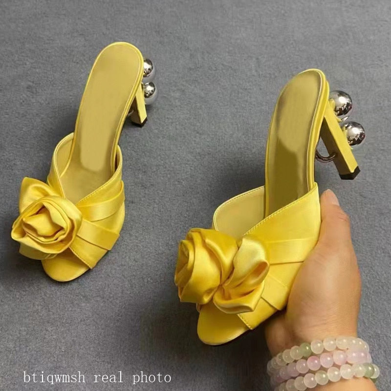 Satin Flower Bow Gladiator Open Toe Mule Sandals