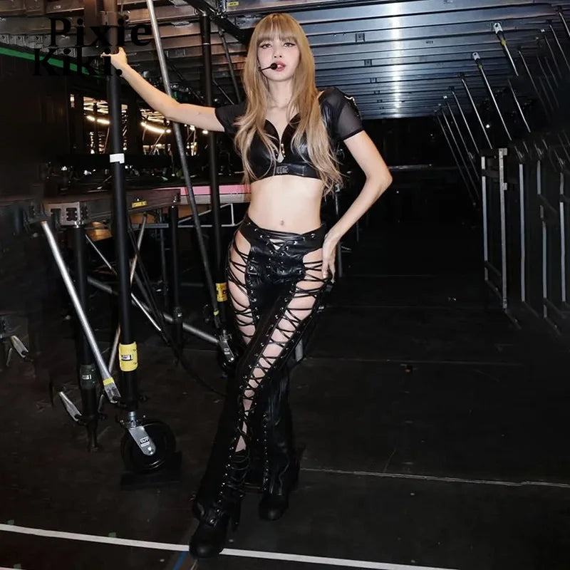 Black Punk PU Leather Hollow-Out Women's Lace-Up Low Rise Flare Pants