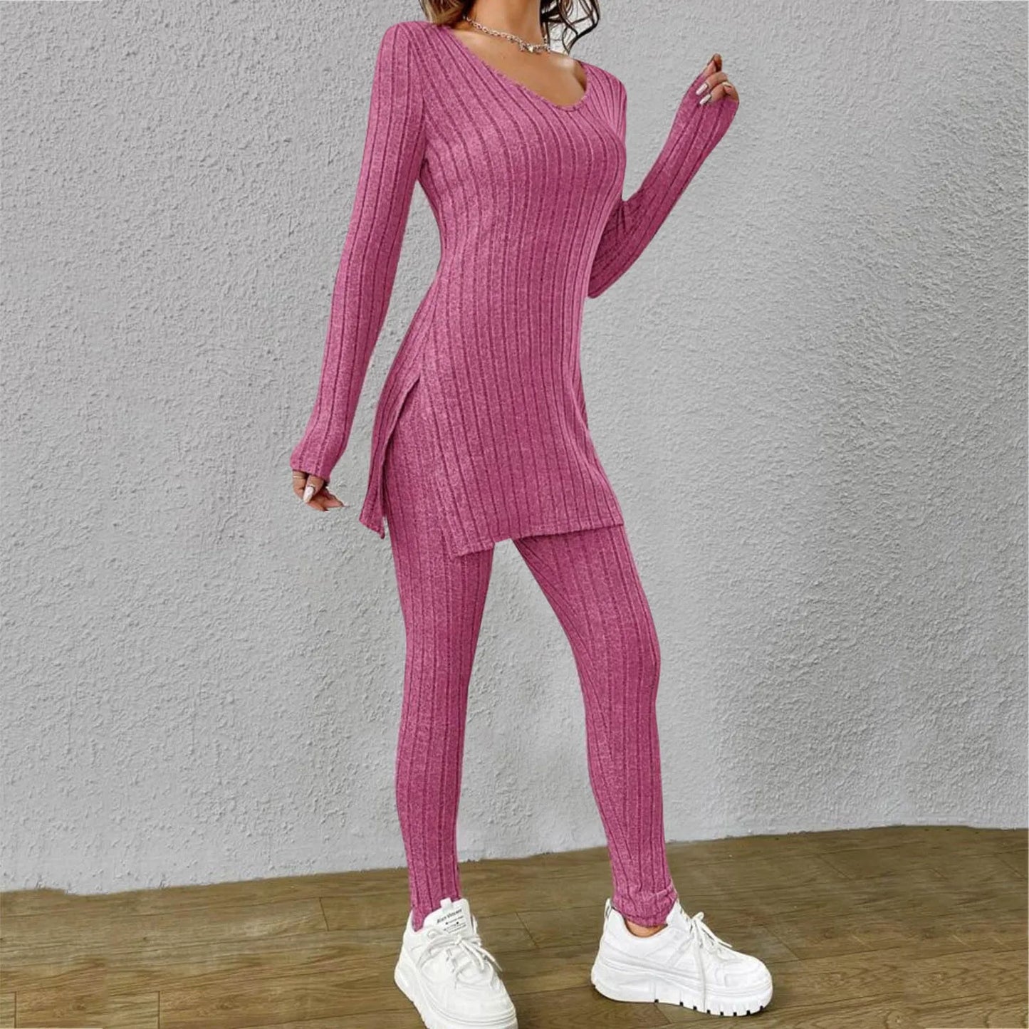 Ribbed Knitted Long Sleeve Women's Tunic Shirt + Leggings 2-Piece Set