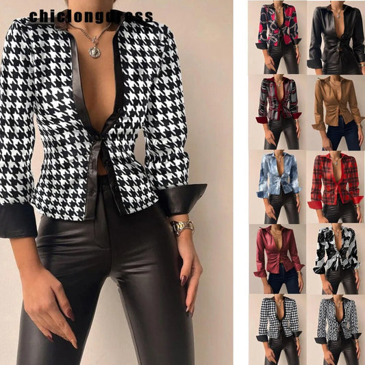 Faux Leather Turn-Down Collar Geometric/Plaid/Mock Denim/Houndstooth Print Deep V-Neck Blouse