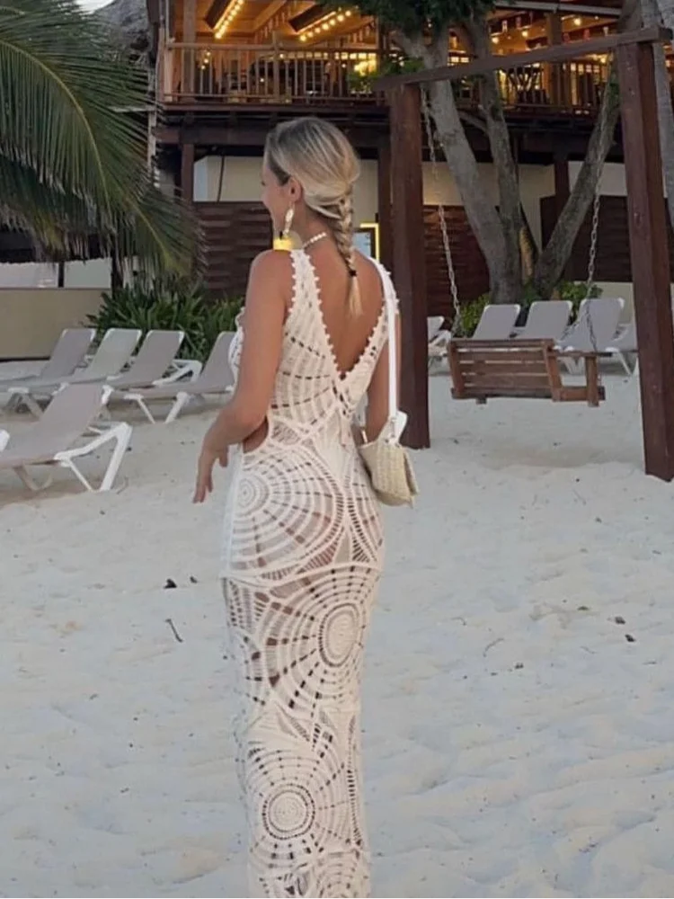 White Knitted Crochet Hollow-Out Sleeveless Backless Beachwear Maxi Dress