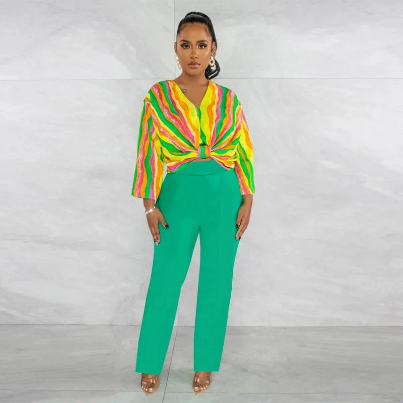 Swirl Colorblock Striped Long Sleeve Blouse +Solid Pants 2-Piece Set