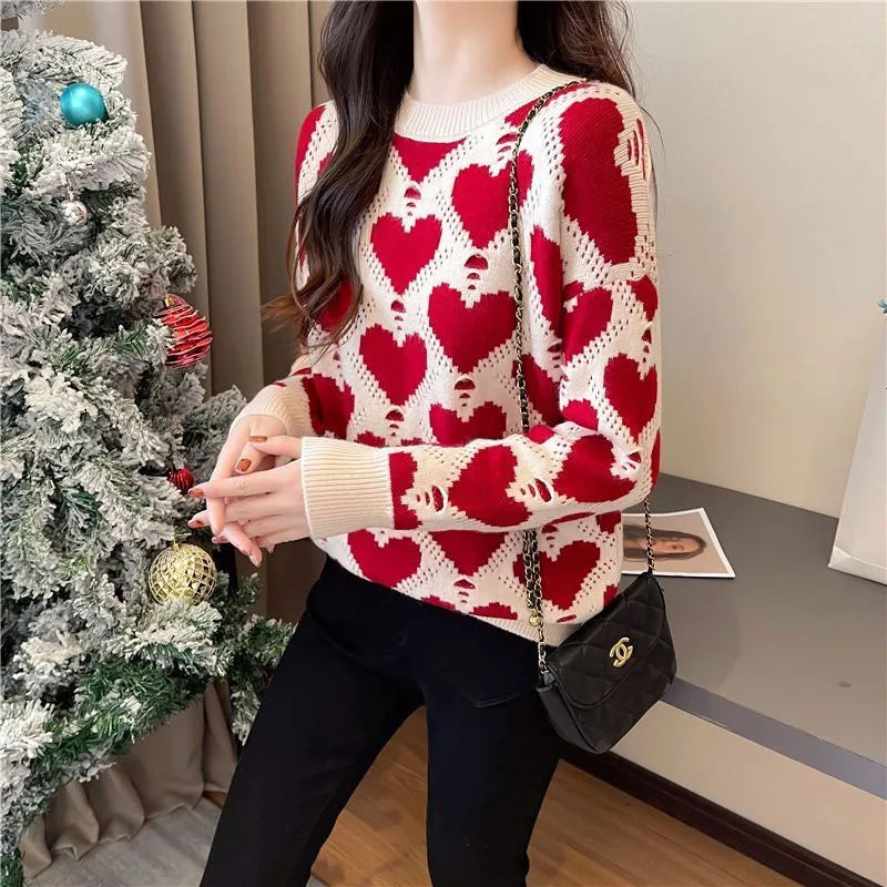 Heart Print Colorblock Jacquard O-Neck Women's Knitted Sweater