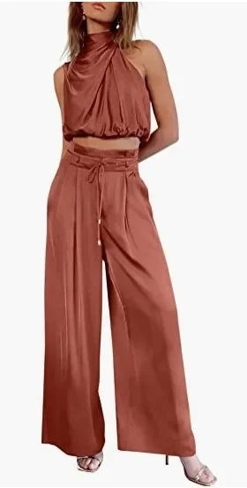 Sleeveless Turtleneck Ruched Crop Top + Bell Bottom Wide Leg Women's Pants 2-Piece Set