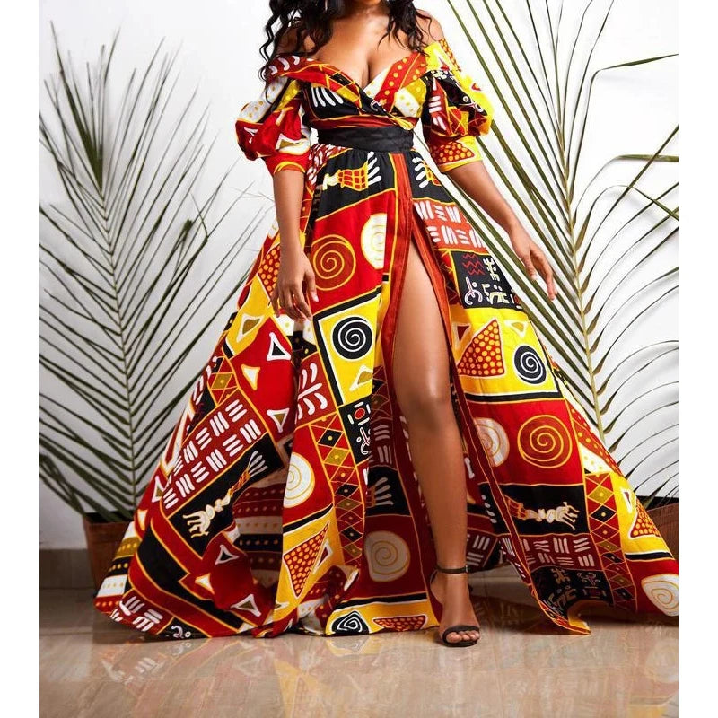 African Dashiki Print Off-the-Shoulder Short Sleeve V-Neck Backless High Slit Maxi Dress