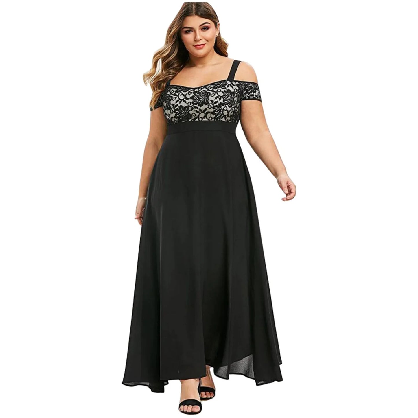 Lace Embroidered Cold Shoulder Floral Party/Prom Formal Maxi Dress