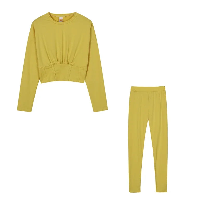 Ruched Fitted O-Neck Solid Color Women's Long Sleeve Crop Top + Leggings Tracksuit