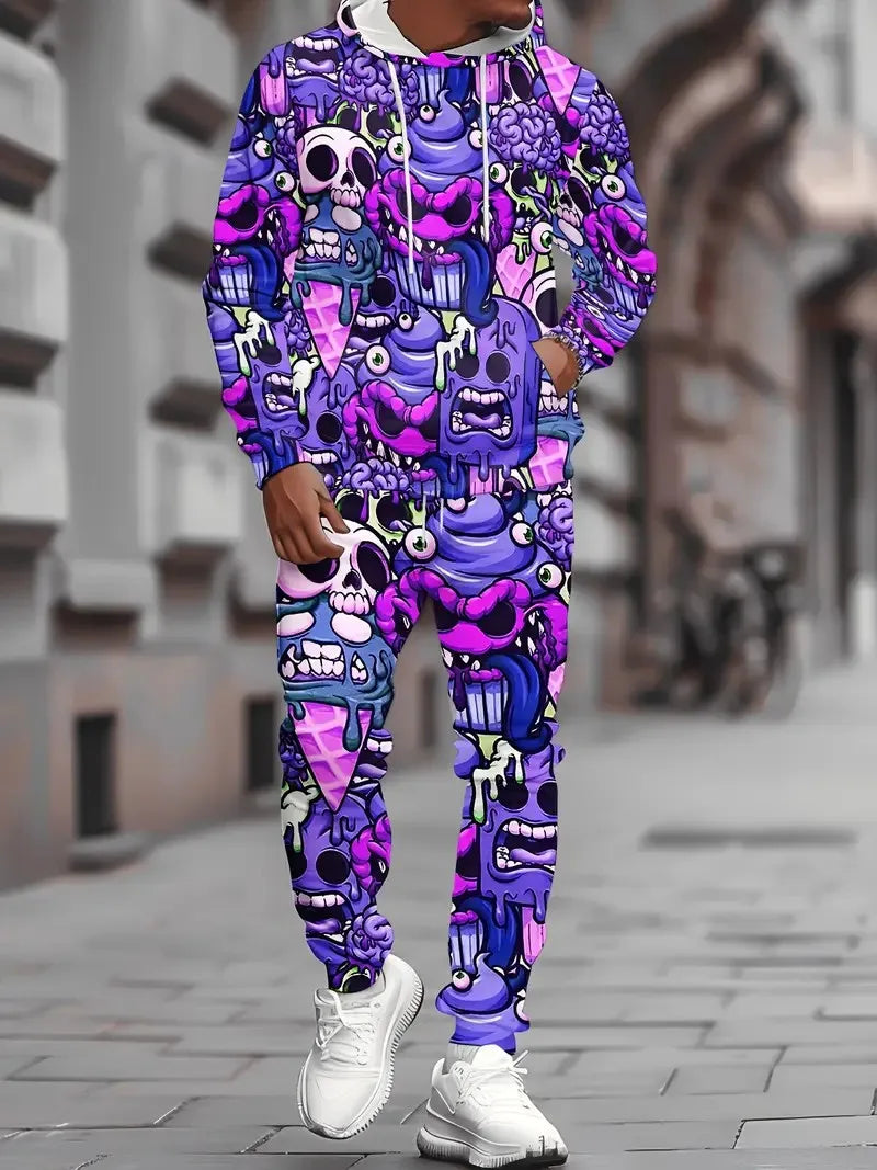 Men's Purple Skeleton Graffiti Print Hoodie Sweatshirt + Matching Sweatpants Tracksuit