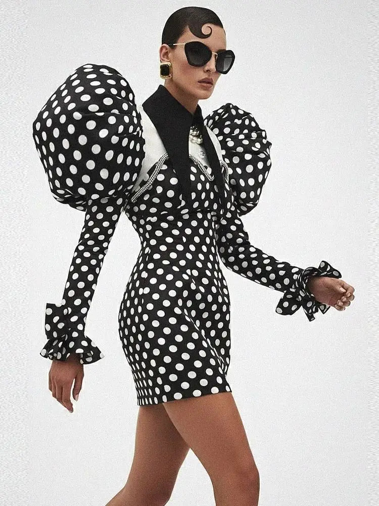 Satin Polka Dot Print Short Bubble Puff Sleeve Mini Party Dress